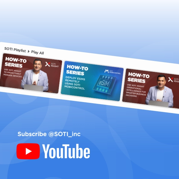 A promotional graphic showing a row of SOTI How-To Series YouTube video thumbnails, highlighting tutorials on SOTI XSight and SOTI MobiControl. Below, the text reads Subscribe @SOTI_inc with the YouTube logo on a blue background.