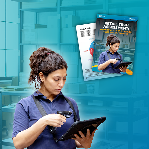 Warehouse worker using a handheld scanner and tablet, with SOTI’s 2026 Retail Report, Retail Tech Assessment: Opportunities for Enhanced Consumer Experiences documents displayed in the background.