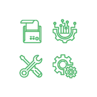 Icons of a printer, network, tools, and gears