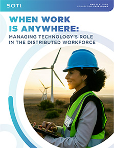 The Distributed Workforce Report Cover - Shows a worker in a field with a wind turbine in the background