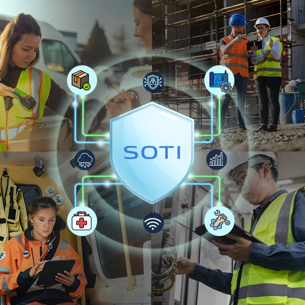 SOTI universal device management platform infographic showing remote management of rugged devices and mobile devices in logistics, construction, emergency healthcare, and manufacturing