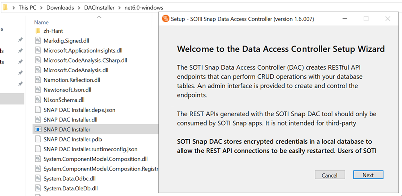 Executing SOTI Snap Data Access Controller Installer