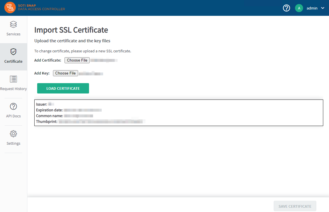 Certificate page with an uploaded certificate and an uploaded key
