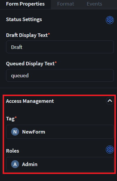 Access Management within a App Component (Form, Workflow, Page, Webpage)'s Properties panel.