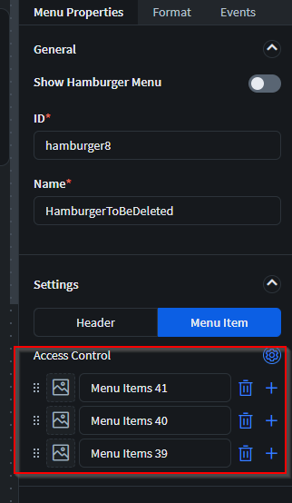 Settings within a App Component (Hamburger)'s Properties panel.