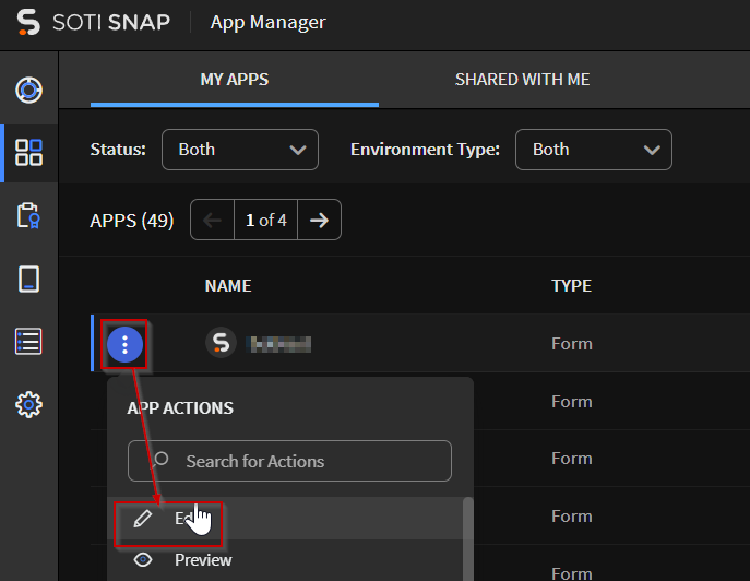 Accessing Apps tab's App Action's Edit option