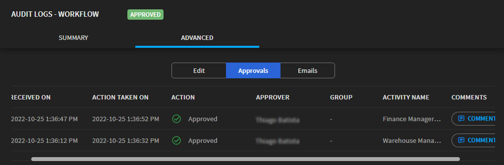 Advanced audit log view of approvals