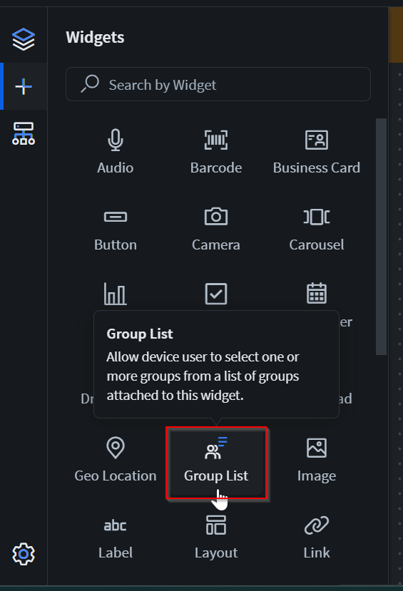 Group List widget in the Widgets tab