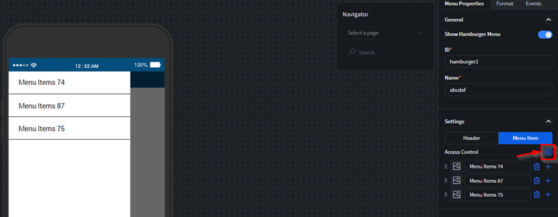 Hamburger Menu's Properties panel: Selecting Menu Item Access Control icon.
