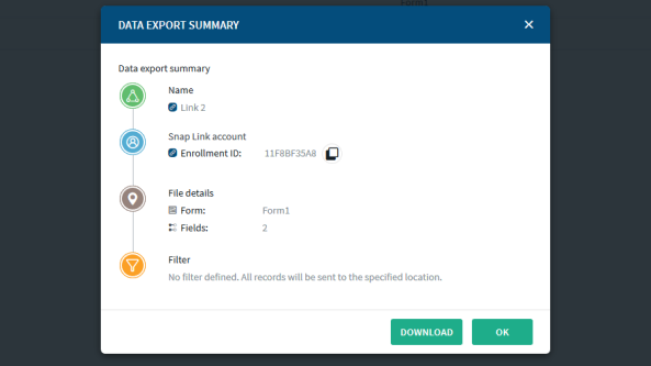 SOTI Snap Link data export summary dialog box