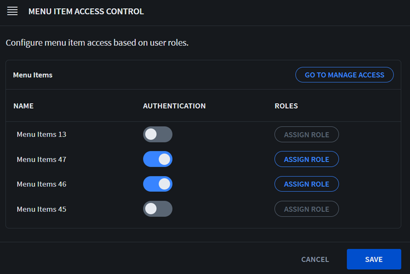 Menu Item Access Control Subpanel from within Hamburger Menu Properties Panel