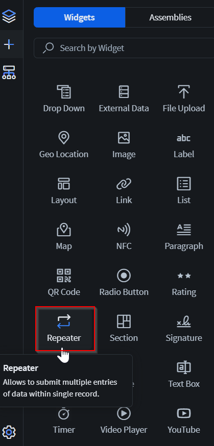 Repeater widget in the Widgets tab