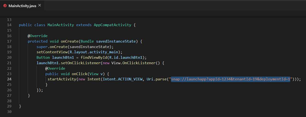 Android app source code with SOTI Snap intent highlighted.