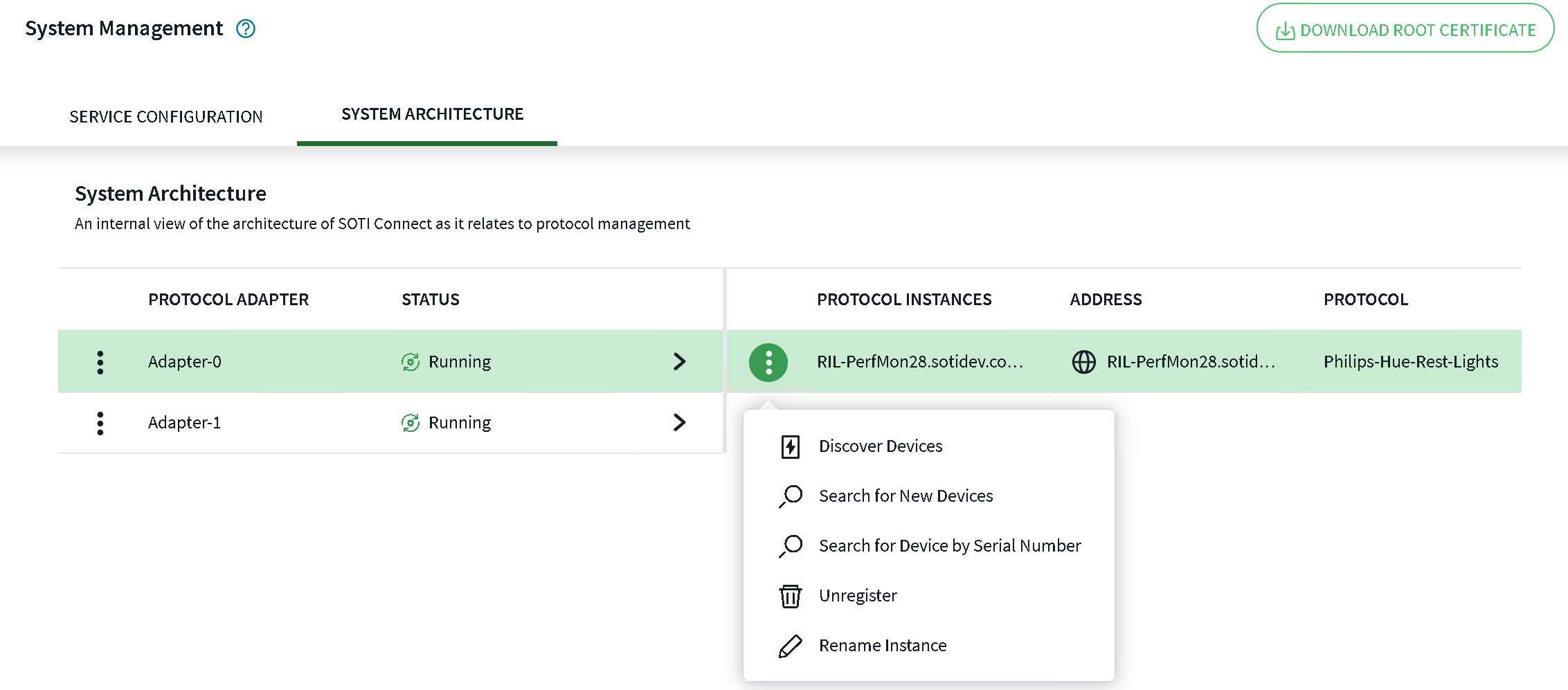 SOTI Connect System Management, System Architecture page with PA selected and More options menu open. Discover Devices is shown on the dropdown list