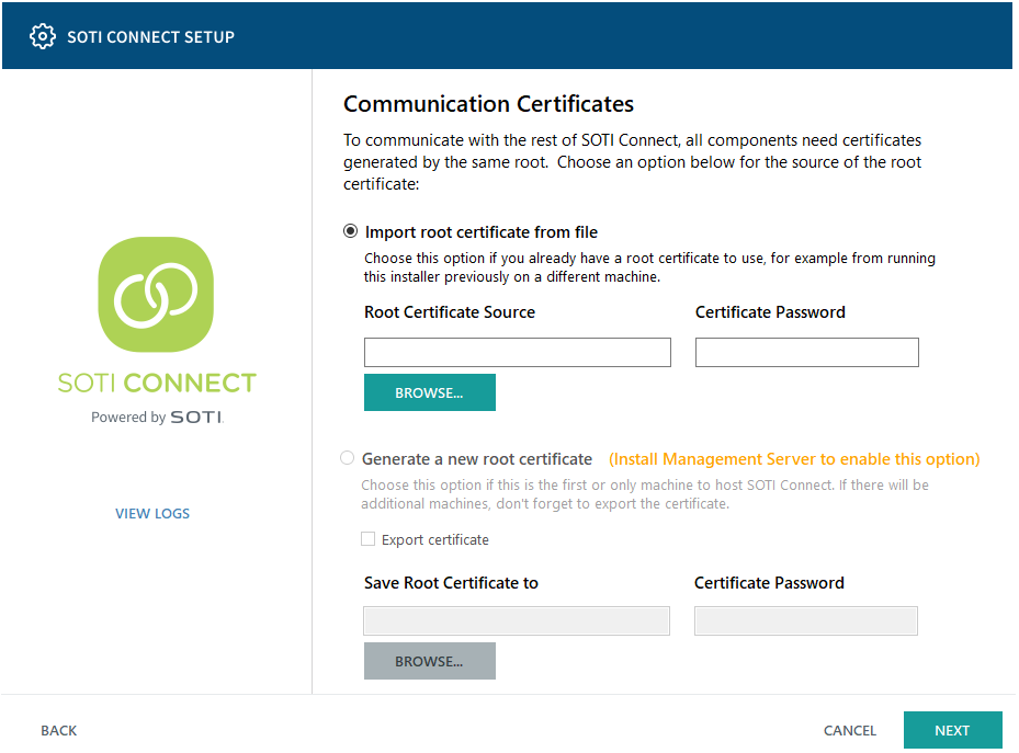 Setup Wizard Communication Certificates