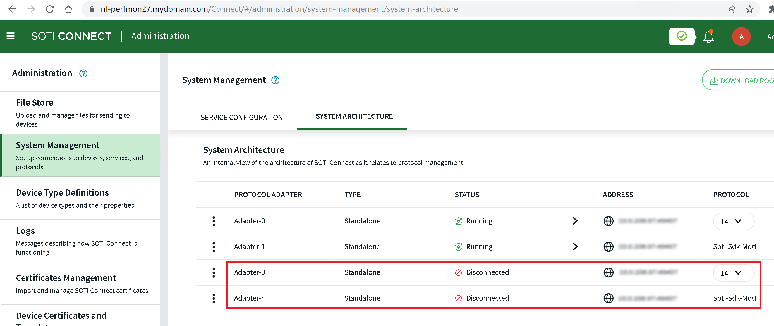 SOTI Connect Administration panel, System Architecture tab showing stopped PAs