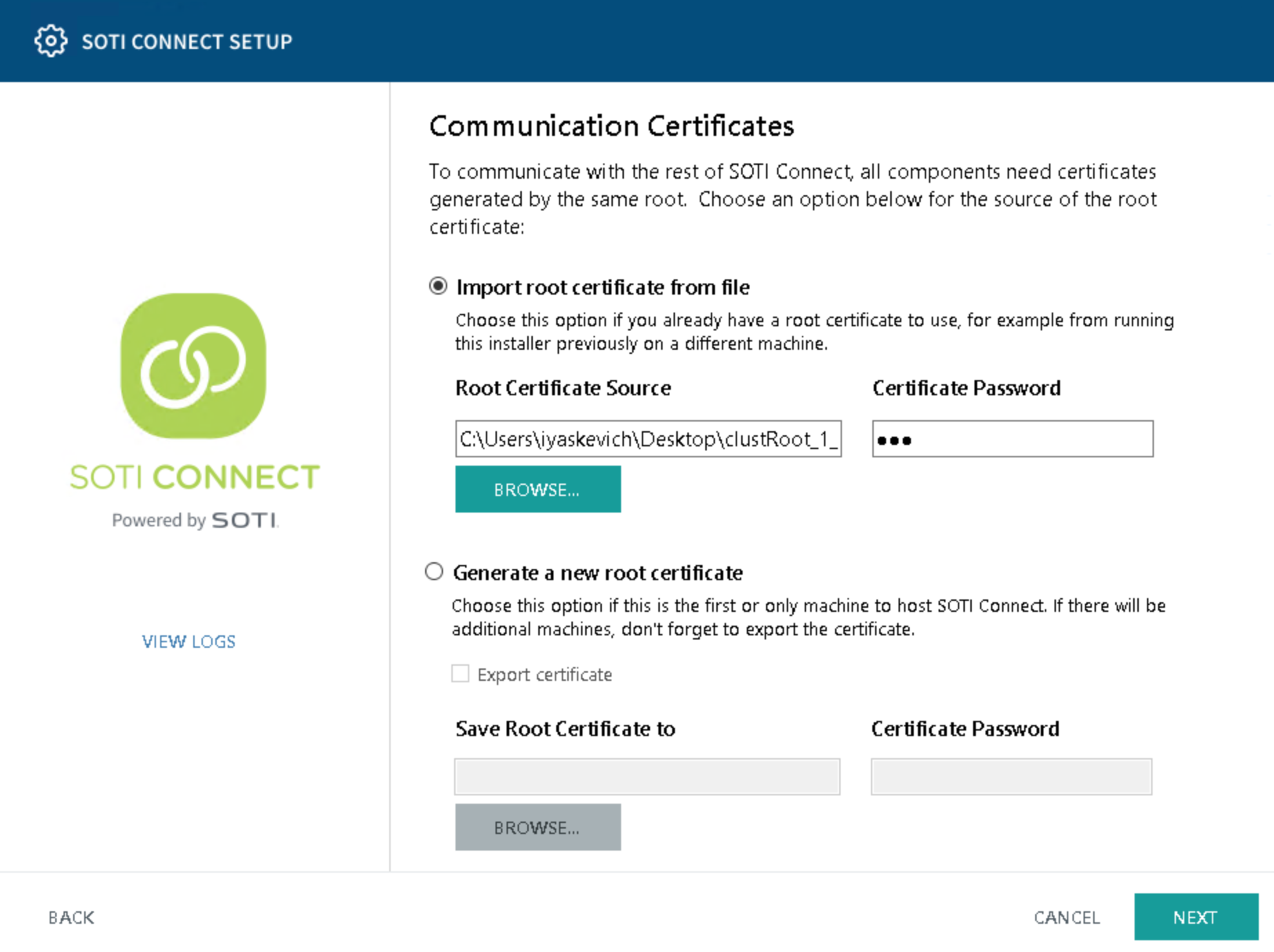 Specify a communication certificate