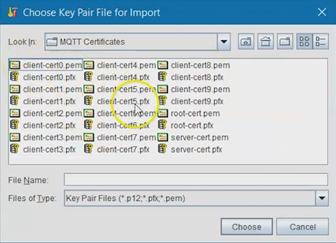 Selecting the server-cert.pfx key pair file
