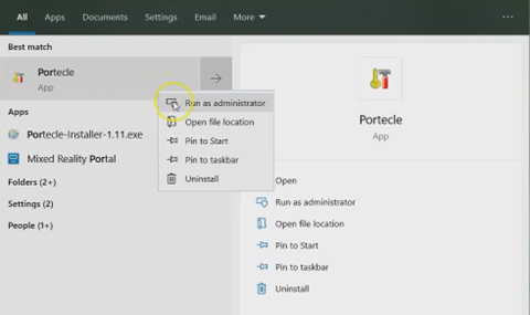 Running Portcele application as an administrator
