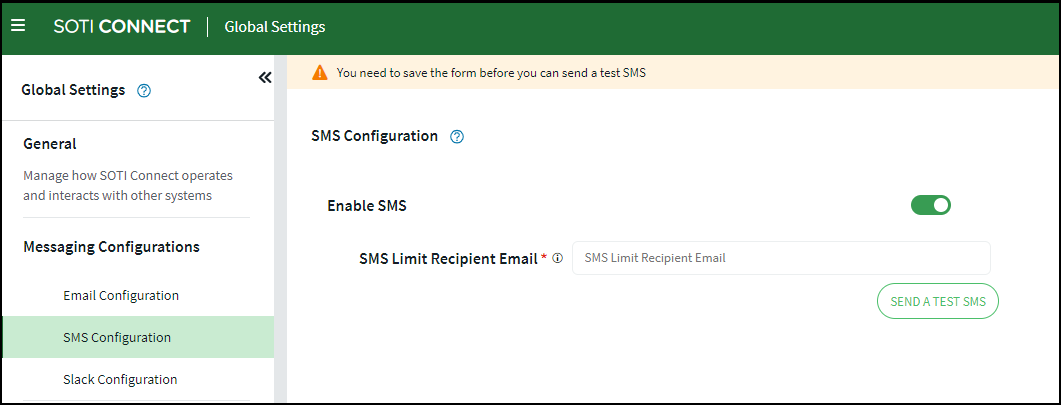 SMS configuration settings