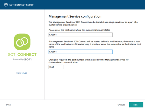 Management service configuration with the FQDN entered