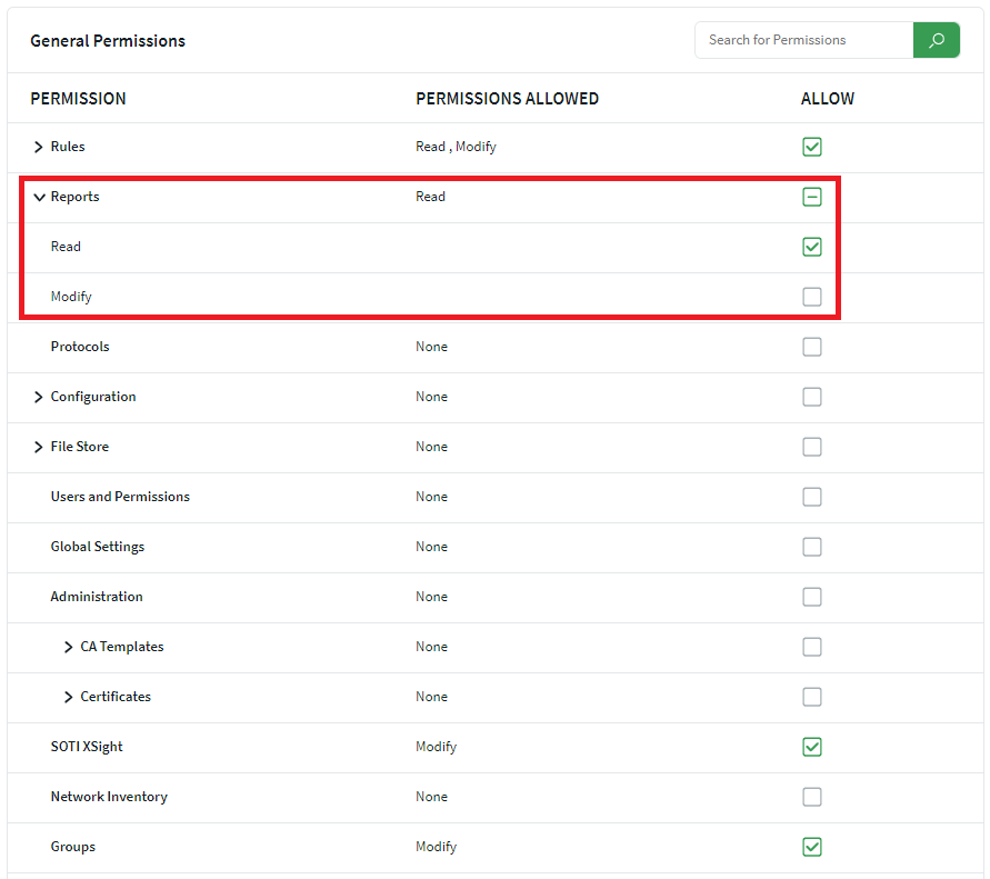 General Permissions selection interface with Reports permissions highlighted