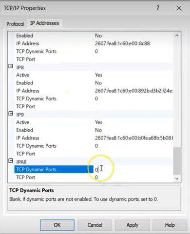 SQL TCP/IP Properties dialog box showing IPAII settings