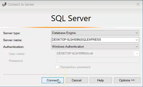 SQL Server Connect to Server dialog box