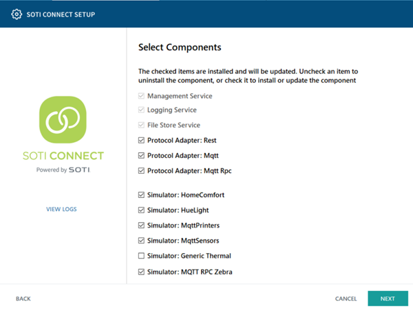 Connect install wizard showing list of installed components