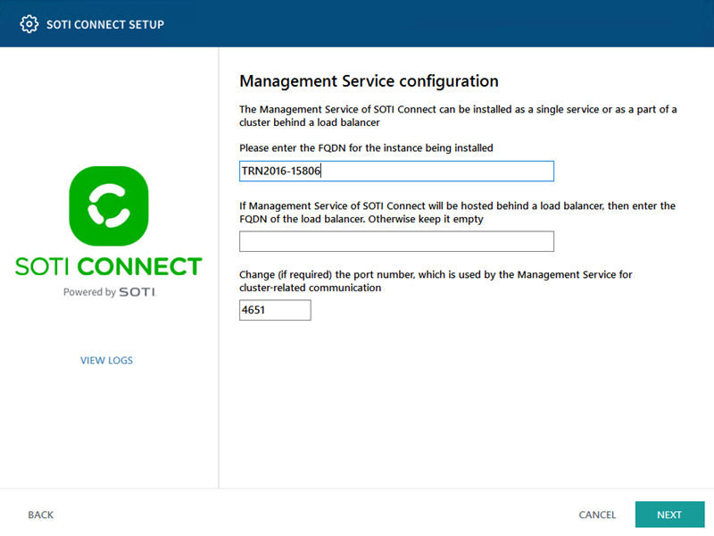 Management Service configuration with the FQDN entered