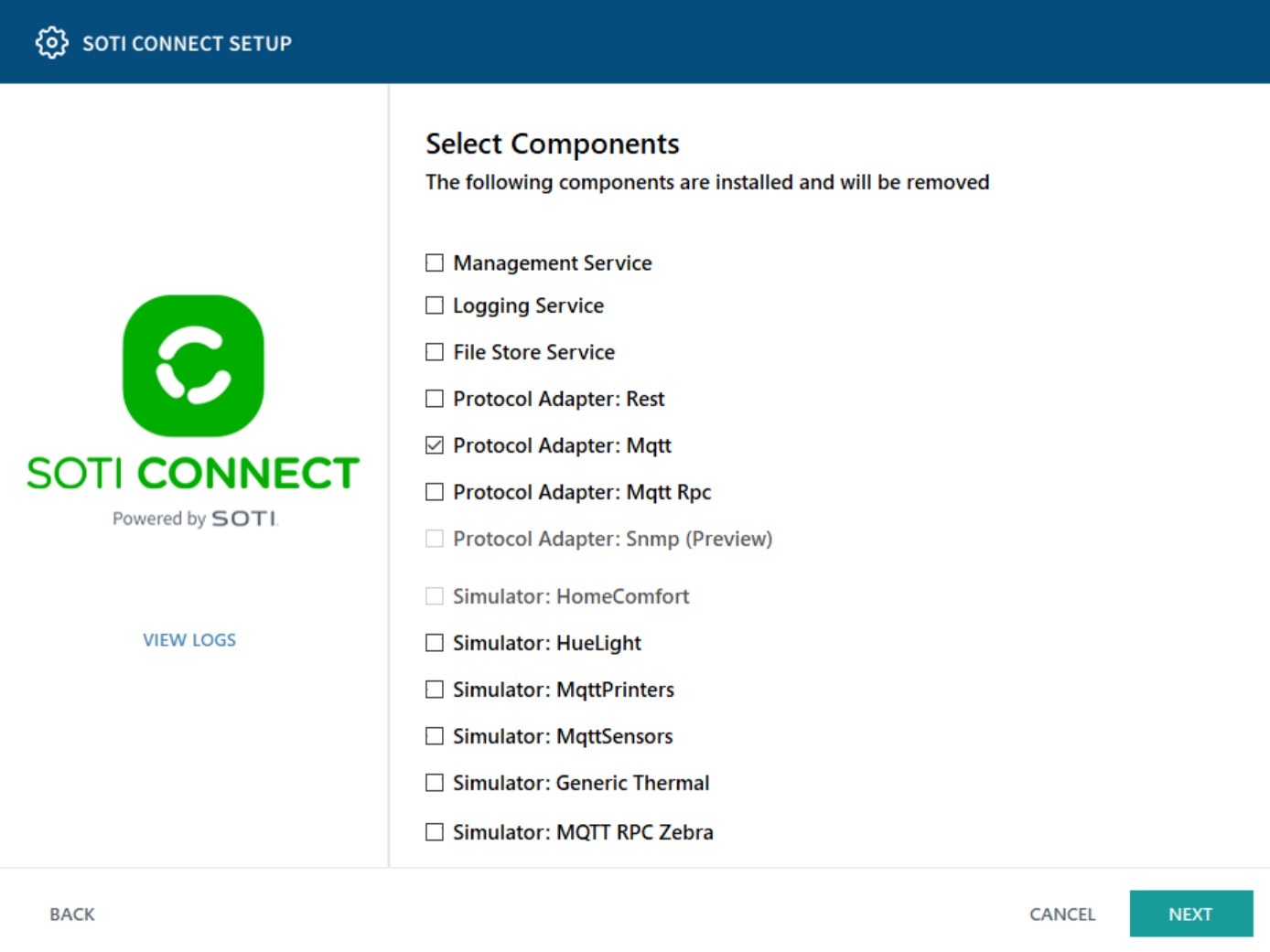 SOTI Connect Setup Wizard components to install
