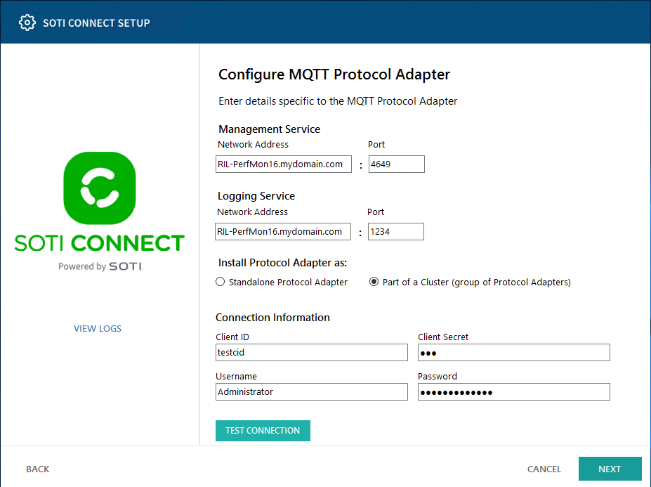 SOTI Connect Setup Wizard components Mqtt PA configure