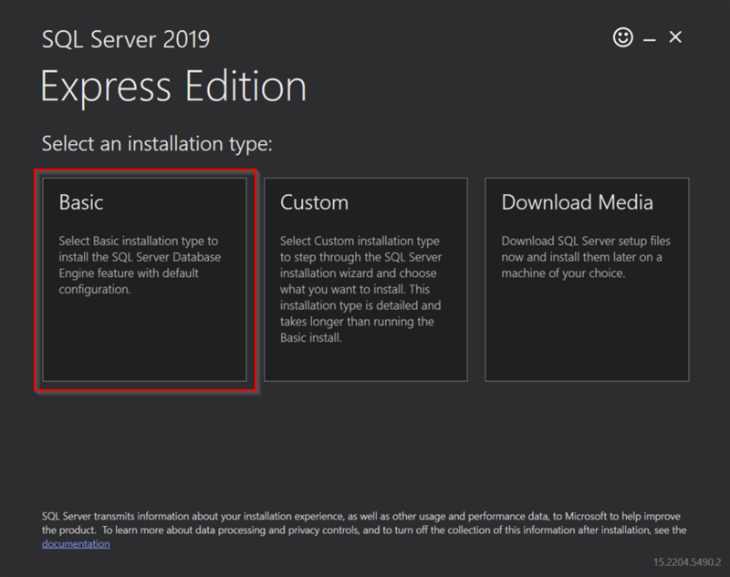 SQL Server 2019 Express Edition Basic installation selection