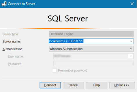 SQL Server Connect to Server dialog box