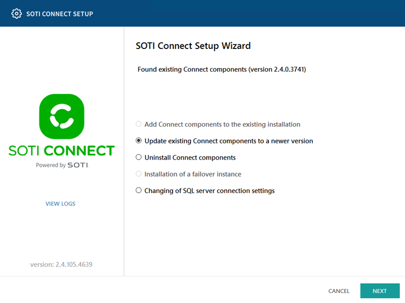 Connect install wizard with Update Existing Installation selected