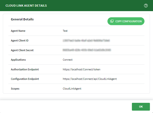 Copy the SOTI Cloud Link Agent configuration details to the clipboard