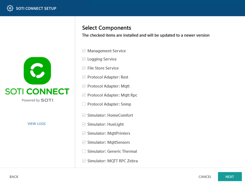 SOTI Connect install wizard showing list of installed components