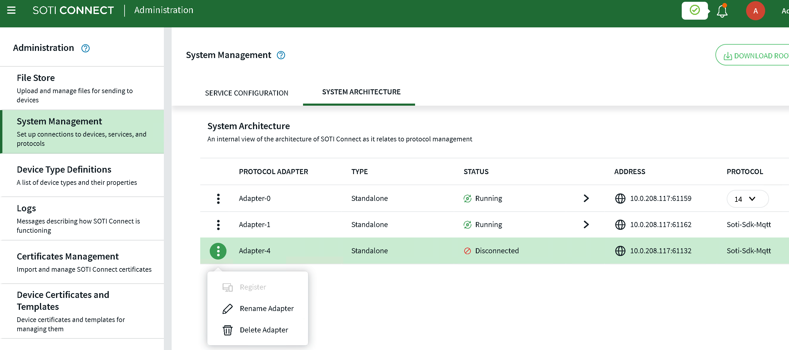 SOTI Connect Administration Page with a PA selected and the Delete Adapter option visible