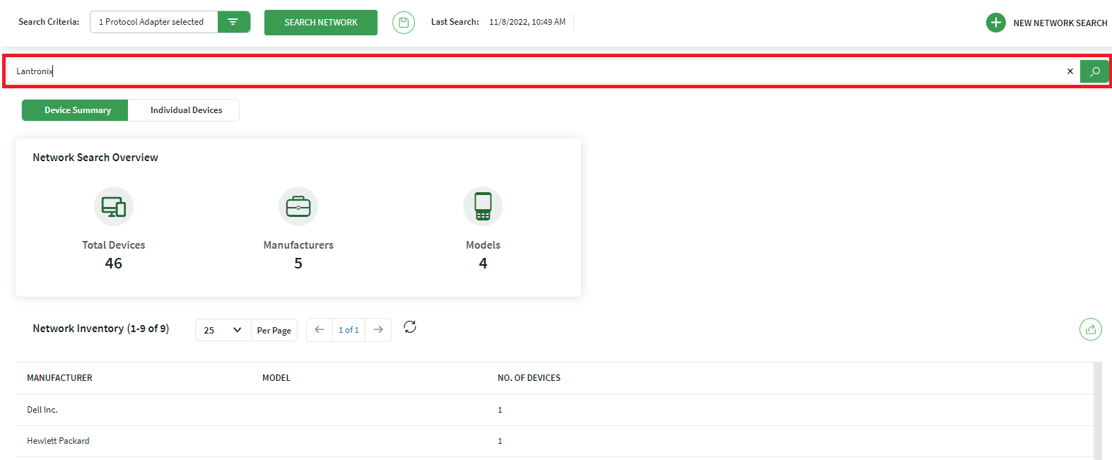 Network Inventory Search field highlighted