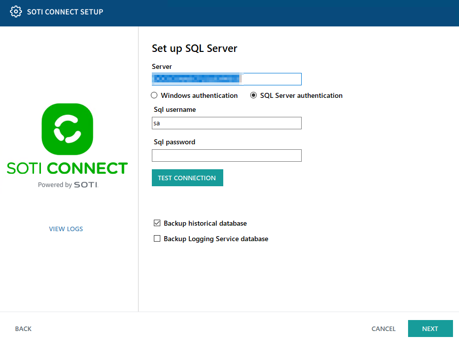 Configuring the SQL Server connection.