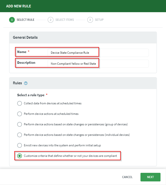 Compliance rule selection