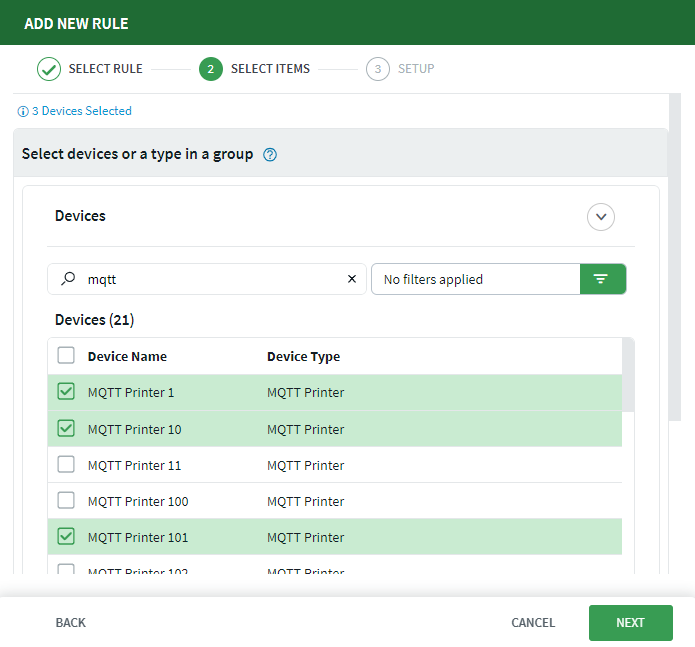 Compliance rule select devices