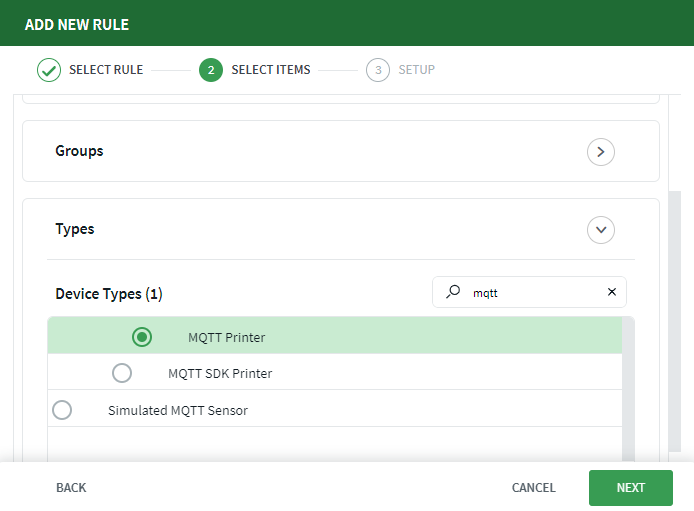 Compliance rule select device types