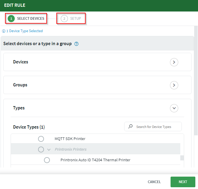 Compliance rule select devices tab