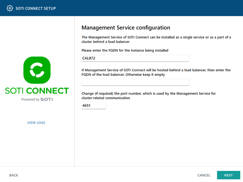 Management Service configuration with the FQDN entered