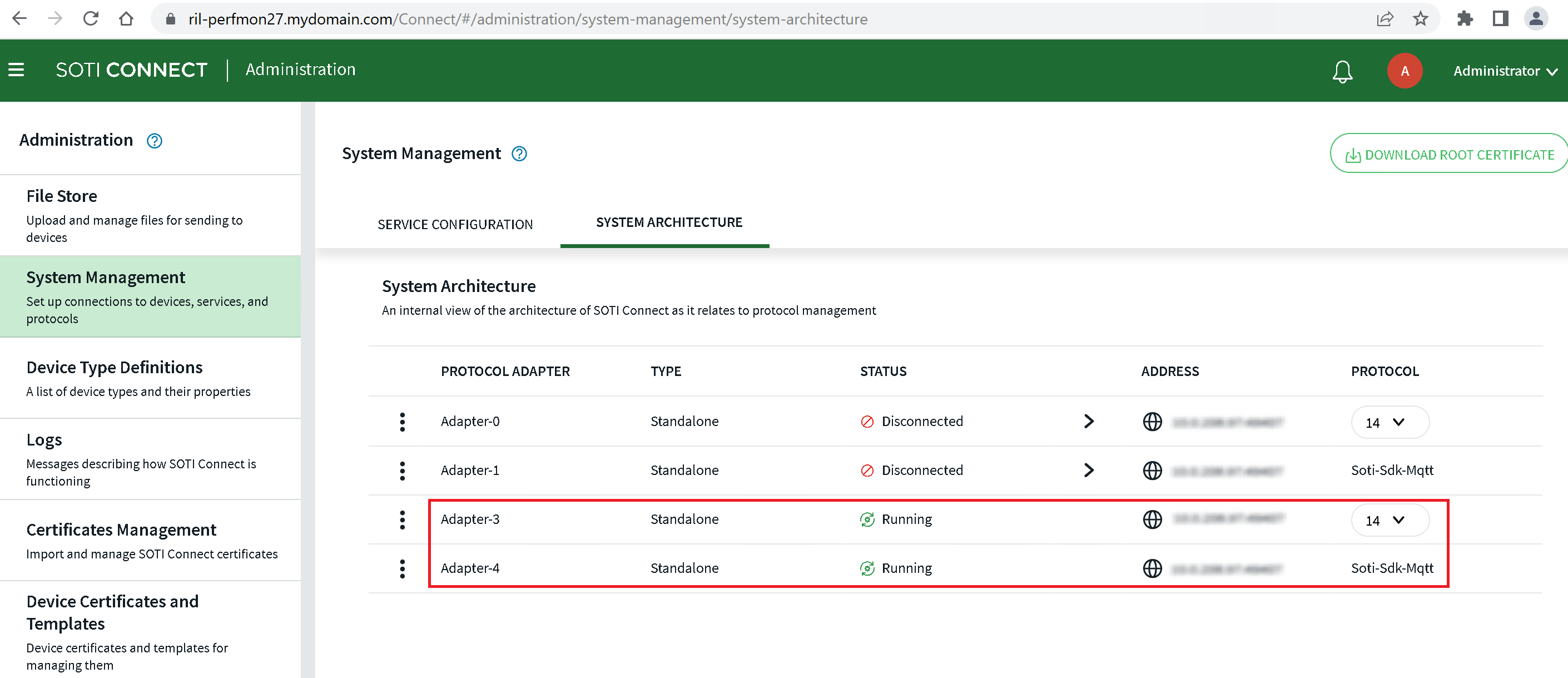 SOTI Connect System Management screen, System Architecture tab showing new PAs