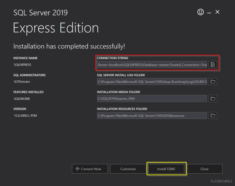 SQL Server successful installation notification page