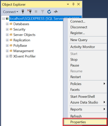 SQL instance right-click menu with Properties selection highlighted