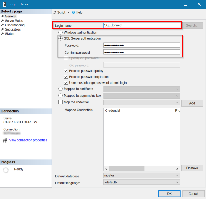 Entering a SQL Server password