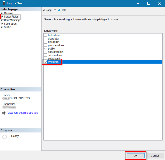 Sysadmin check-box selected in the New Login screen